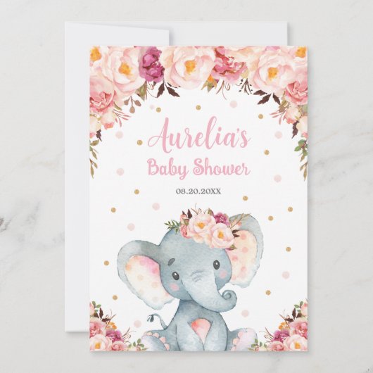 Blush Pink Floral Cute Elephant Baby shower Girl Kaart (Achterkant)