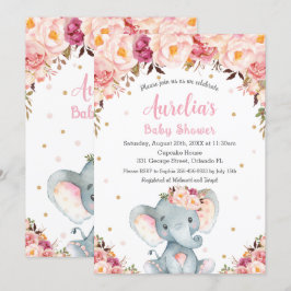 Blush Pink Floral Cute Elephant Baby shower Girl Kaart