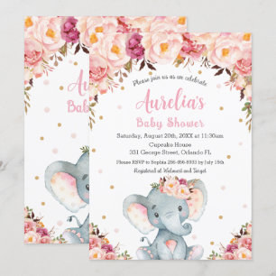Blush Pink Floral Cute Elephant Baby shower Girl Kaart