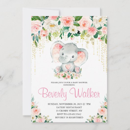 Blush Pink Floral Cute Elephant Baby shower Kaart (Voorkant)