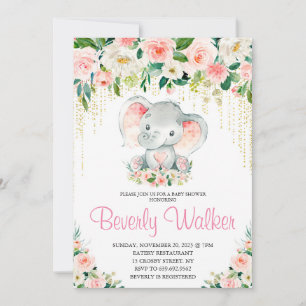 Blush Pink Floral Cute Elephant Baby shower Kaart