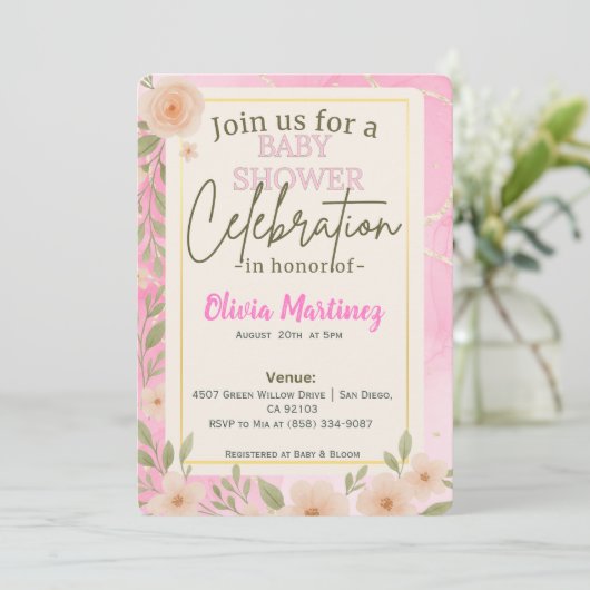 Blush Pink Floral Design Baby shower Uitnodiging (Staand voorkant)