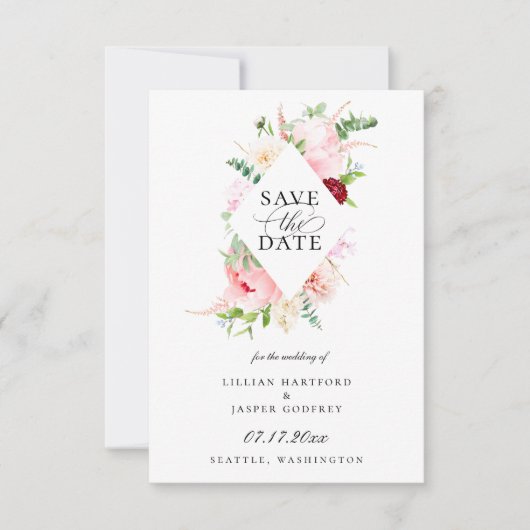 Blush Pink Floral Diamond Lijst Save the Date Aankondiging (Voorkant)