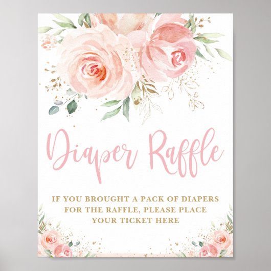 Blush Pink Floral Diaper Raffle Baby shower Sign. Poster (Voorkant)