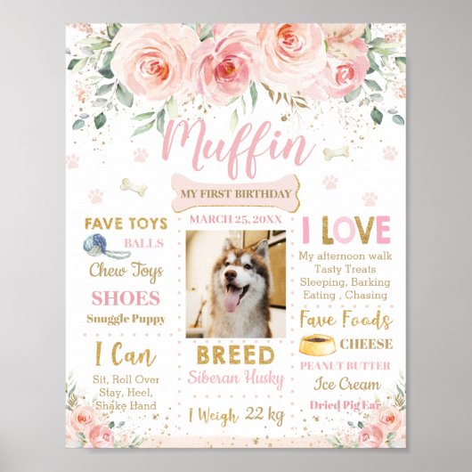 Blush Pink Floral Dog Puppy 1e verjaardag Mileston Poster (Voorkant)