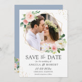 Blush Pink Floral Dusty Blue Gold Geometric Foto Save The Date (Voorkant / Achterkant)