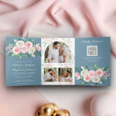 Blush Pink Floral Dusty Blue QR Code Weddenschap Drieluik Uitnodiging