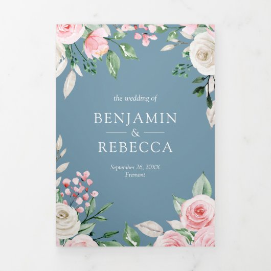 Blush Pink Floral Dusty Blue QR Code Weddenschap Drieluik Uitnodiging (Cover)