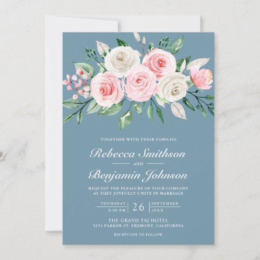 Blush Pink Floral Dusty Blue QR Code Weddenschap Kaart (Voorkant)
