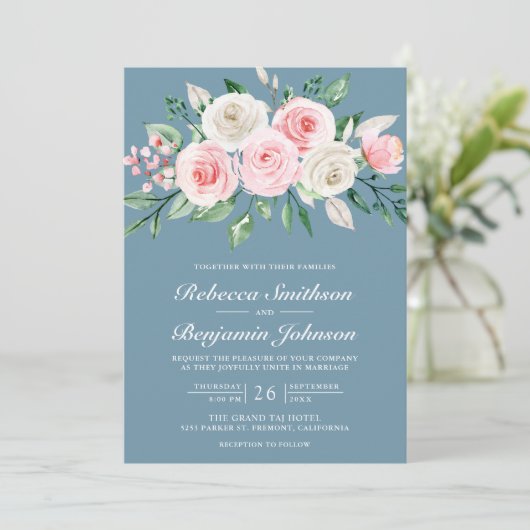 Blush Pink Floral Dusty Blue QR Code Weddenschap Kaart (Staand voorkant)