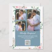 Blush Pink Floral Dusty Blue QR Code Weddenschap Kaart (Achterkant)