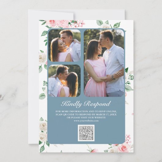 Blush Pink Floral Dusty Blue QR Code Weddenschap Kaart (Achterkant)