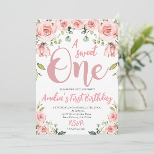 Blush Pink Floral Een zoete Eerste Verjaardag Kaart (Staand voorkant)