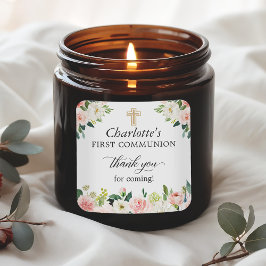 Blush Pink Floral Eerste Communie Dank je wel Vierkante Sticker