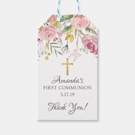 Blush Pink Floral Eerste Communie Favor Cadeau Lab Cadeaulabel (Voorkant)