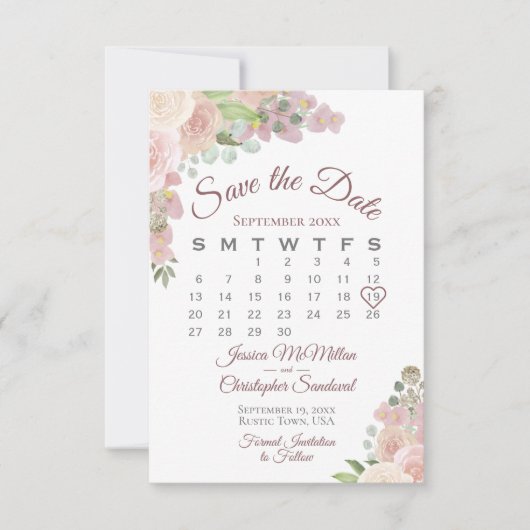 Blush Pink Floral Elegant Boho Wedding Calendar Save The Date (Voorkant)