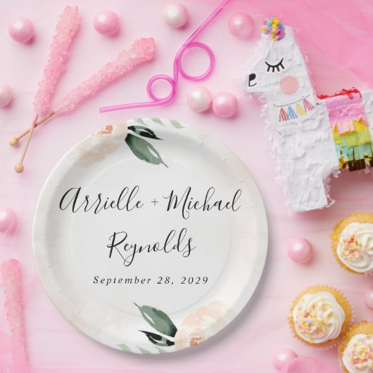 Blush Pink Floral Elegant Champagne Garden Wedding Papieren Bordje (Feest)