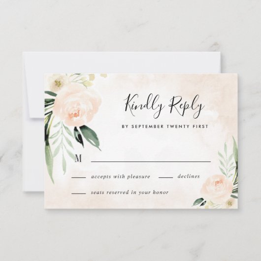 Blush Pink Floral Elegant Champagne Garden Wedding RSVP Kaartje (Voorkant)