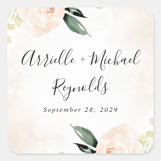 Blush Pink Floral Elegant Champagne Garden Wedding Vierkante Sticker (Voorkant)