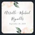 Blush Pink Floral Elegant Champagne Garden Wedding Vierkante Sticker<br><div class="desc">Het ontwerp is voorzien van een airy waterverf splash background in een wazige roze of lichte perachy roze kleur met moderne zwarte typografie. Het ontwerp is ook voorzien van elegante groene energie met waterverf pinda's en bloem-elementen in de vorm van champagne, goud, ivoor, wazige roze of lichte perziken. Dit ontwerp...</div>