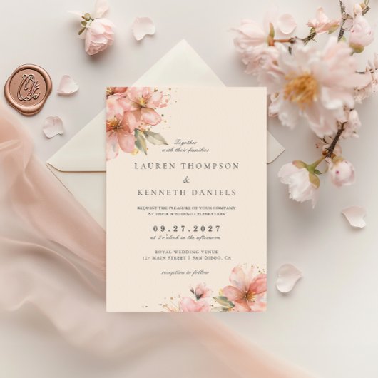 Blush Pink Floral Elegant Script Wedding Kaart