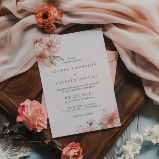 Blush Pink Floral Elegant Script Wedding Kaart