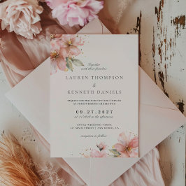 Blush Pink Floral Elegant Script Wedding Kaart