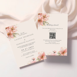 Blush Pink Floral Elegant Script Wedding QR Code Kaart