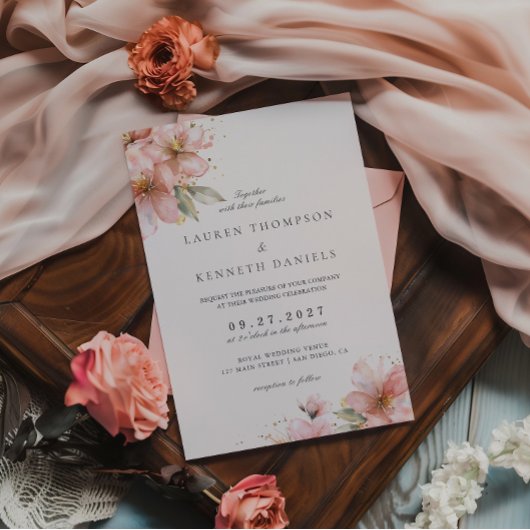 Blush Pink Floral Elegant Script Wedding QR Code Kaart