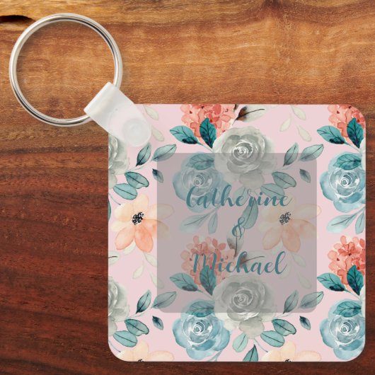 Blush Pink Floral Elegant Wedding Calligrafie Sleutelhanger (Voorkant)