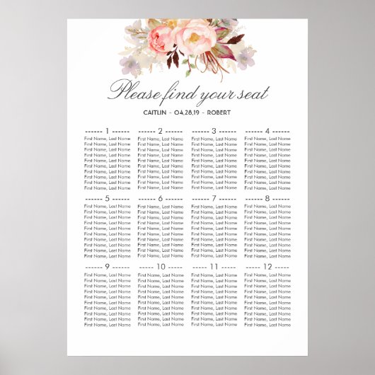 Blush Pink Floral Elegant Wedding Seding Chart Poster (Voorkant)