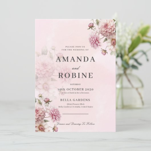 Blush Pink Floral Elegante bruiloft uitnodiging (Staand voorkant)