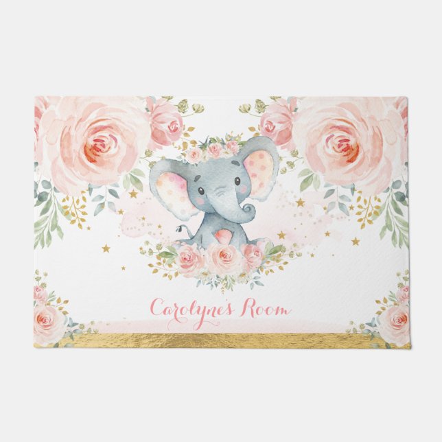 Blush Pink Floral Elephant Baby Girl Nursery Room Deurmat (Voorkant)