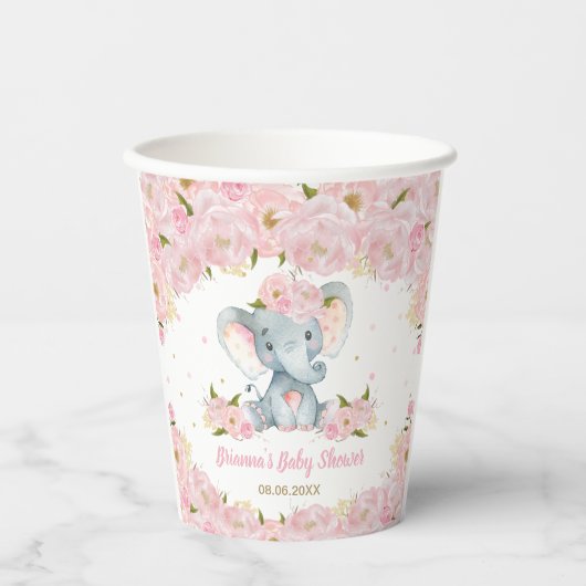 Blush Pink Floral Elephant Baby shower Birthday Papieren Bekers (Voorkant)