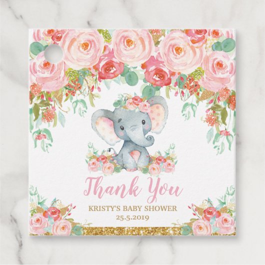 Blush Pink Floral Elephant Baby shower Dank u Bedankjes Labels (Voorkant)