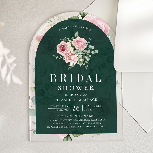 Blush Pink Floral Emerald Green Bridal Shower Acryl Uitnodigingen