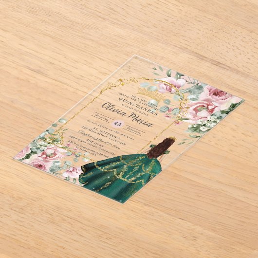 Blush Pink Floral Emerald Quinceañera Sweet 16 15 Acryl Uitnodigingen (Laagn)