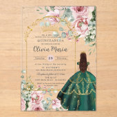 Blush Pink Floral Emerald Quinceañera Sweet 16 15 Acryl Uitnodigingen (Voorkant)