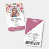 Blush Pink Floral Employee Photo Logo Barcode Badge (Voor- en achterkant)