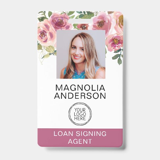 Blush Pink Floral Employee Photo Logo Barcode Badge (Voorzijde)