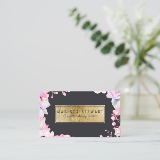 Blush Pink Floral en Black Gold Visitekaartje (Staand voorkant)