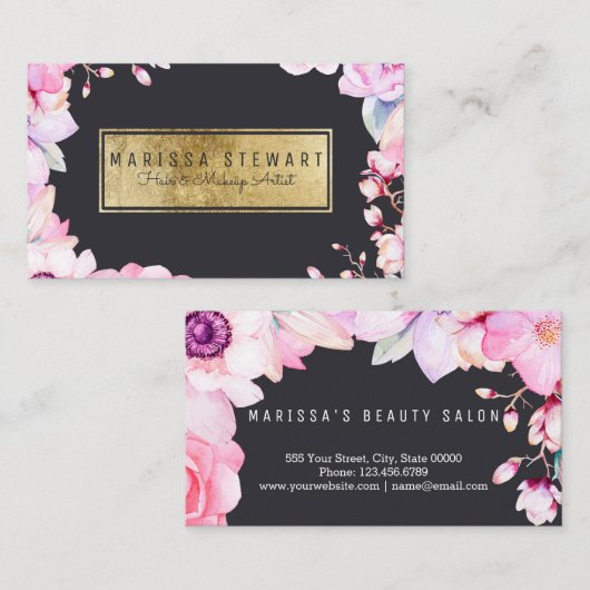 Blush Pink Floral en Black Gold Visitekaartje (Voorkant / Achterkant)