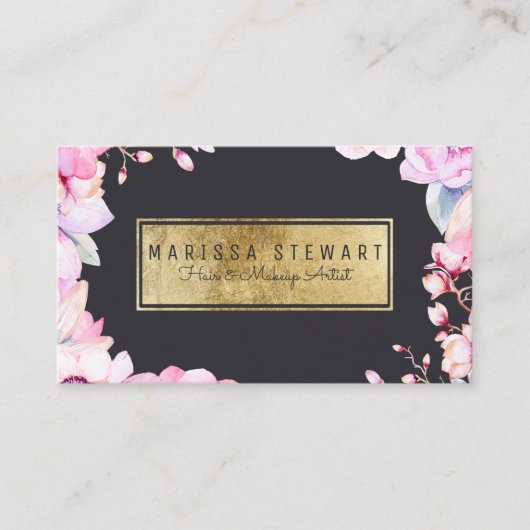 Blush Pink Floral en Black Gold Visitekaartje (Voorkant)