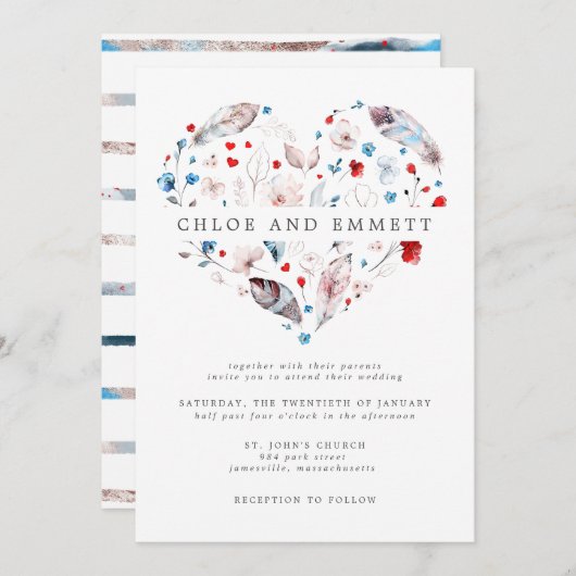 Blush Pink Floral en Feather Boho Heart Wedding Kaart (Voorkant / Achterkant)