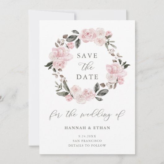 Blush Pink Floral en kalligrafie | WATERVERF Save The Date (Voorkant)