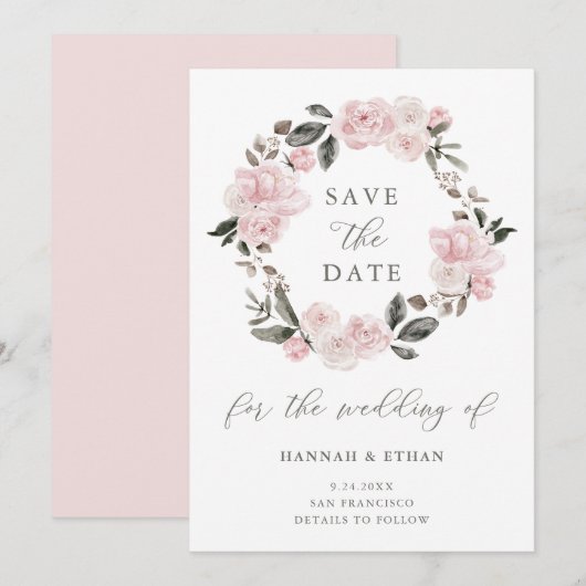 Blush Pink Floral en kalligrafie | WATERVERF Save The Date (Voorkant / Achterkant)