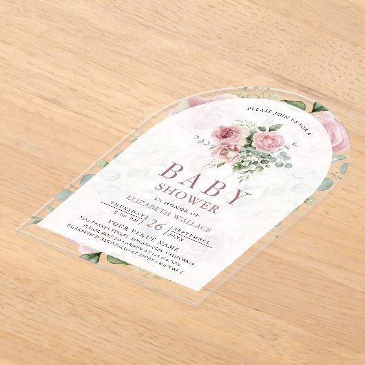 Blush Pink Floral Eucalyptus Baby shower Acryl Uitnodigingen (Laagn)