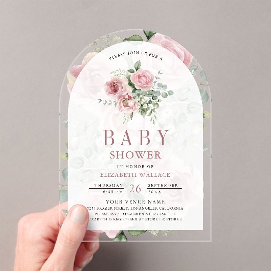 Blush Pink Floral Eucalyptus Baby shower Acryl Uitnodigingen (Insitu (Draagbaar))