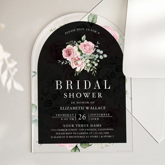 Blush Pink Floral Eucalyptus Black Bridal Shower Acryl Uitnodigingen