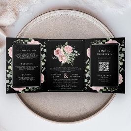 Blush Pink Floral Eucalyptus Black QR Code Wedding Drieluik Uitnodiging